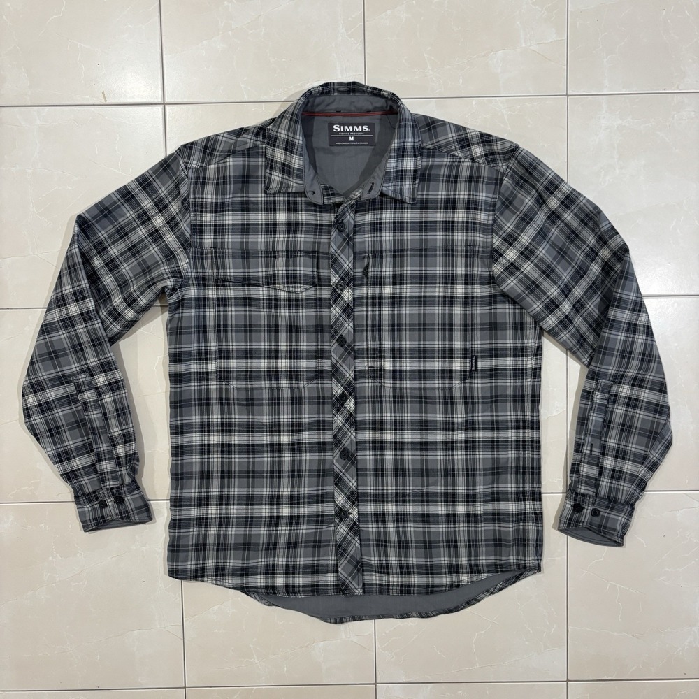 Simms Fishing Guide Fly Fishing Shirt Men's M Plaid Grey Black Outdoors Gorp